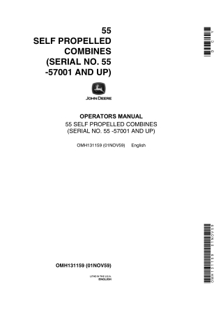 John Deere 55 Self Propelled Combine Operator’s Manual Instant Download (Pin.55-57001 and up) (Publication No.OMH131159)
