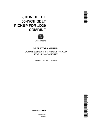 John Deere 66-Inch Belt Pickup for JD30 Combine Operator’s Manual Instant Download (Publication No.OMH591159)