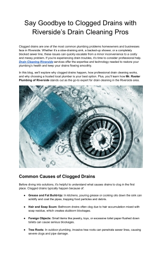 Expert Drain Cleaning Riverside Services by ClearFlow Plumbing