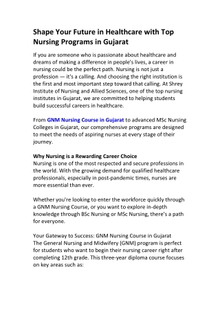 Admissions Open: GNM Nursing Course Gujarat | Shrey Campus