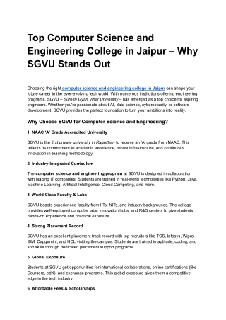 Top Computer Science and Engineering College in Jaipur – Why SGVU Stands Out