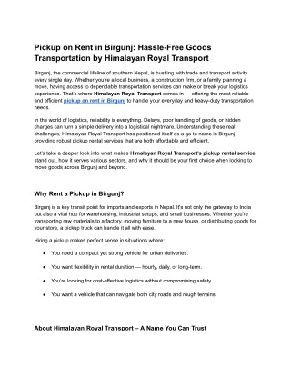 Pickup on Rent in Birgunj – Reliable Transport Service by Himalayan Royal Transp