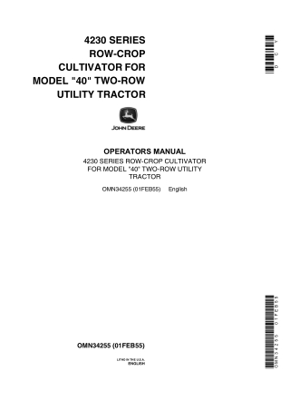 John Deere 4230 Series Row-Crop Cultivator for Model 40 Two-Row Utility Tractor Operator’s Manual Instant Download (Publ