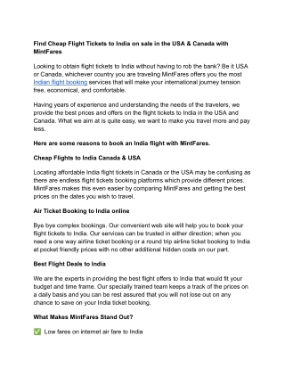 Discover Cheap Flights to India from the USA & Canada at MintFares.