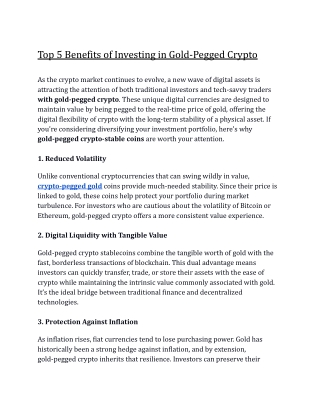 Top 5 Benefits of Investing in Gold-Pegged Crypto