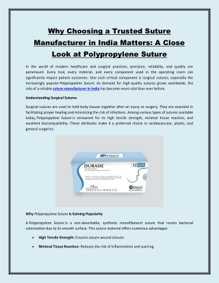 Why Choosing a Trusted Suture Manufacturer in India Matters A Close Look at Polypropylene Suture