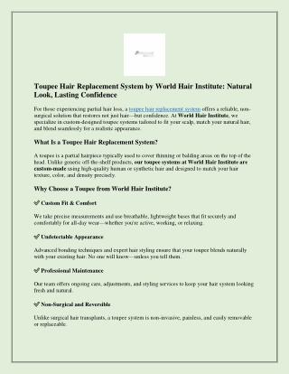 Toupee Hair Replacement System by World Hair Institute Natural Look, Lasting Confidence