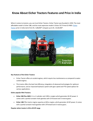 Know About Eicher Tractors Features and Price in India
