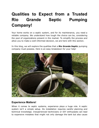 Qualities to Expect from a Trusted Rio Grande Septic Pumping Company!