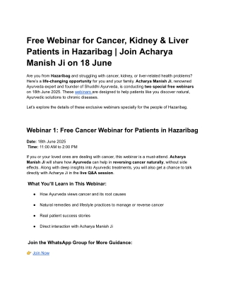 Free Webinar for Cancer, Kidney & Liver Patients in Hazaribag _ Join Acharya Manish Ji on 18 June