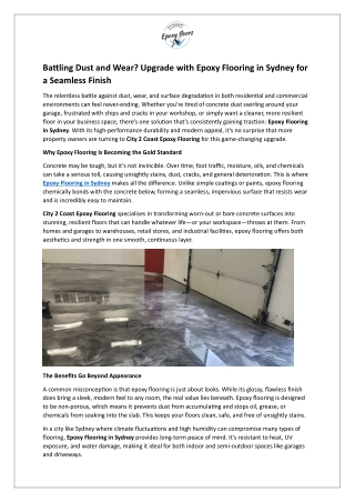Battling Dust and Wear - Upgrade with Epoxy Flooring in Sydney for a Seamless Finish