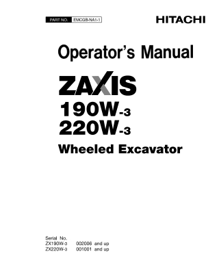 HITACHI ZAXIS 190W-3 220W-3 Wheeled EXCAVATOR Operator Manual Instant Download