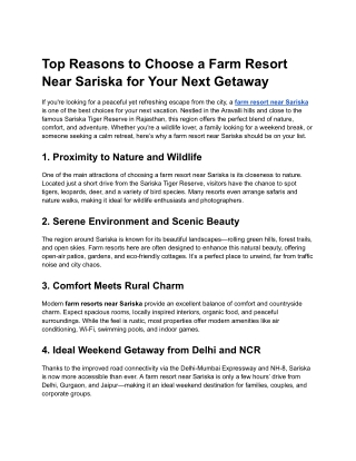 Top Reasons to Choose a Farm Resort Near Sariska for Your Next Getaway