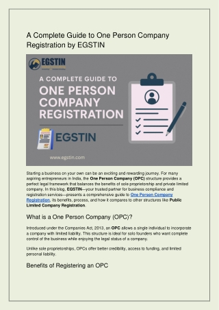 A Complete Guide to One Person Company Registration by EGSTIN