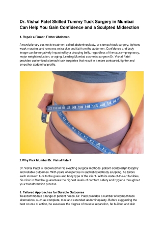 Dr. Vishal Patel Skilled Tummy Tuck Surgery in Mumbai Can Help You Gain Confidence and a Sculpted Midsection