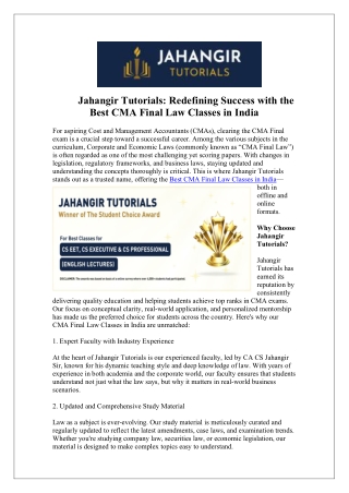 Start Your Success with CMA Final Law Classes in India at Jahangir Tutorials