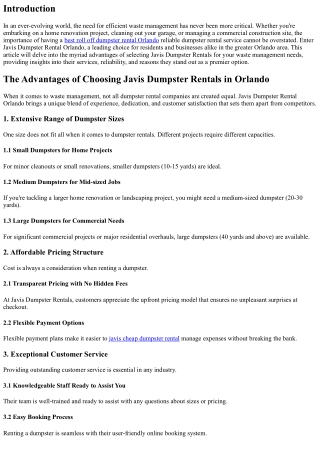 The Advantages of Choosing Javis Dumpster Rentals in Orlando