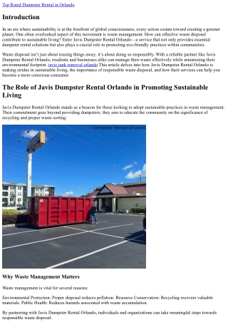 The Role of Javis Dumpster Rental Orlando in Promoting Sustainable Living.
