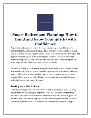 Smart Retirement Planning How to Build and Grow Your 401(k) with Confidence