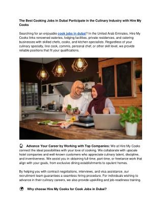 The Best Cooking Jobs in Dubai Participate in the Culinary Industry with Hire My Cooks