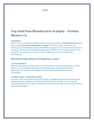 Top Axial Fans Manufacturer in Jaipur – Perkins Blowers Co