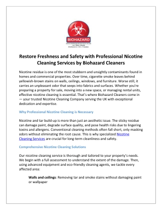 Restore Freshness and Safety with Professional Nicotine Cleaning Services by Biohazard Cleaners