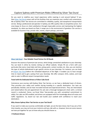 Explore Sydney with Premium Rides offered by Silver Taxi Dural