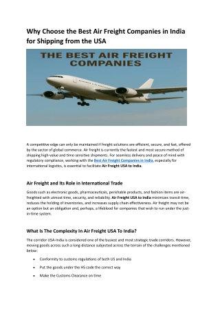 Why Choose the Best Air Freight Companies in India for Shipping from the USA