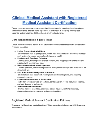 Clinical Medical Assistant with RMA Certification Program with Required 160 Hour Clinical Externship