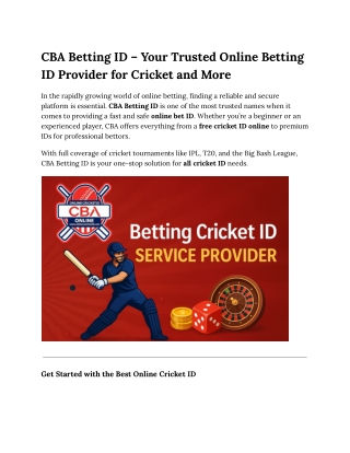 CBA Betting ID – Your Trusted Online Betting ID Provider for Cricket and More