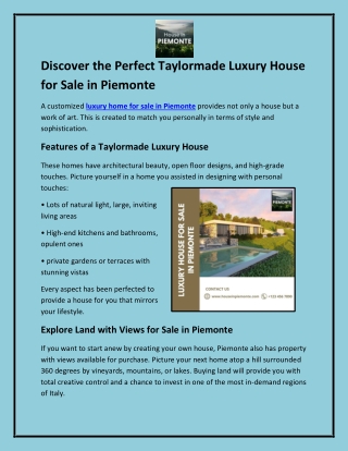 Discover the Perfect Taylormade Luxury House for Sale in Piemonte