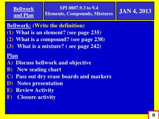 Bellwork : (Write the definition) What is an element? (see page 235) What is a compound? (see page 238) What is a mixtur