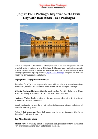 Jaipur Tour Package Experience the Pink City with Rajasthan Tour Packages