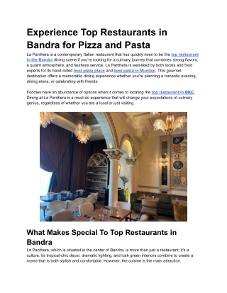 Experience Top Restaurants in Bandra for Pizza and Pasta