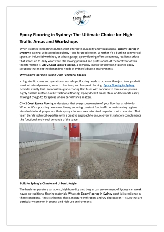 Epoxy Flooring in Sydney - The Ultimate Choice for High-Traffic Areas and Workshops