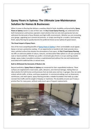 Epoxy Floors in Sydney - The Ultimate Low-Maintenance Solution for Homes & Businesses