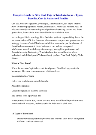 Complete Guide to Pitra Dosh Puja in Trimbakeshwar – Types, Benefits, Cost & Authorised Pandits