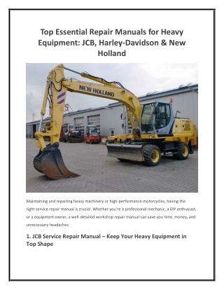 Top Essential Repair Manuals for Heavy Equipment  JCB, Harley-Davidson & New Holland