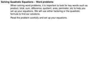 Solving Quadratic Equations – Word problems