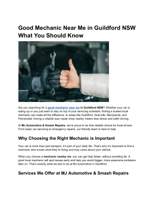 Good Mechanic Near Me in Guildford NSW What You Should Know
