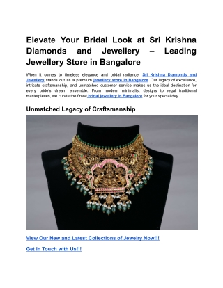 Elevate Your Bridal Look at Sri Krishna Diamonds and Jewellery – Leading Jewellery Store in Bangalore