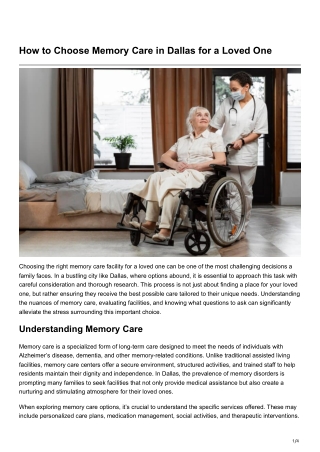 How to Choose Memory Care in Dallas for a Loved One