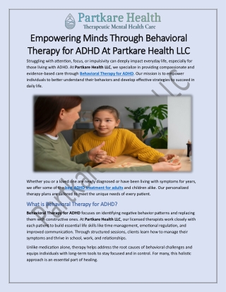 Behavioral Therapy for ADHD At Partkare Health LLC