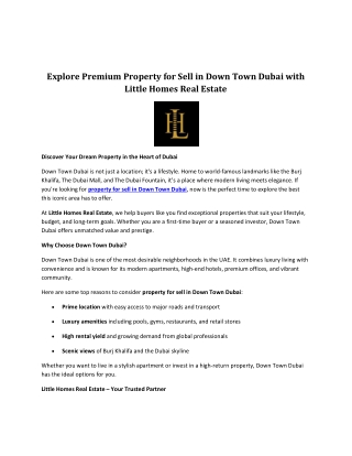 Explore Premium Property for Sell in Down Town Dubai with Little Homes Real Estate
