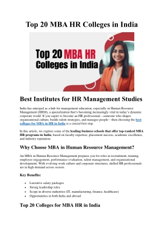 Top 20 MBA HR Colleges in India