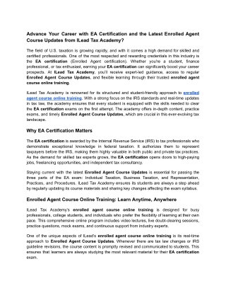 Advance Your Career with EA Certification and the Latest Enrolled Agent Course Updates from ILead Tax Academy