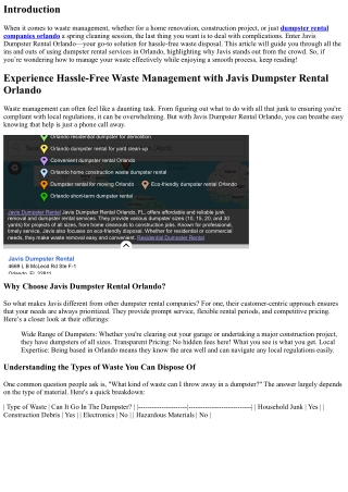 Experience Hassle-Free Waste Management with Javis Dumpster Rental Orlando