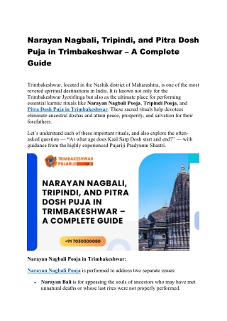 Narayan Nagbali, Tripindi, and Pitra Dosh Puja in Trimbakeshwar