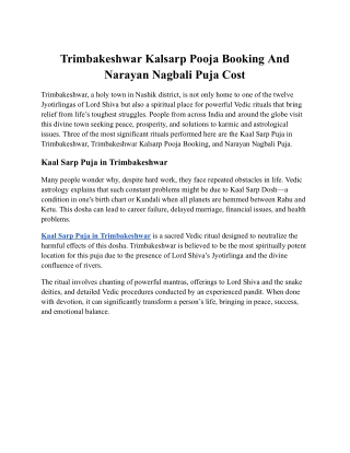 Trimbakeshwar Kalsarp Pooja Booking And Narayan Nagbali Puja Cost