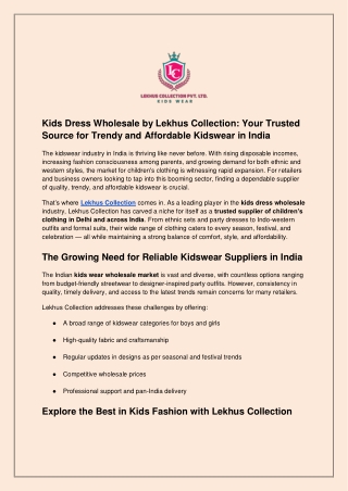 Kids Dress Wholesale by Lekhus Collection Your Trusted Source for Trendy and Affordable Kidswear in India
